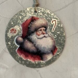 Festive Santa Galvanized Metal Ornament 3.5”
